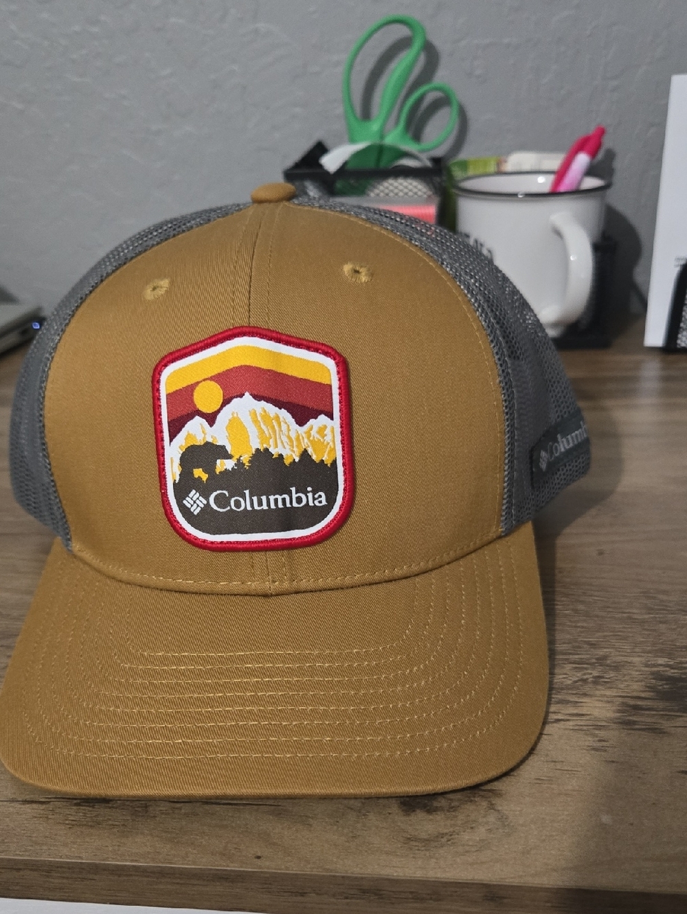 Columbia Men's Brown and Gray Trucker Hat with Mountain Patch